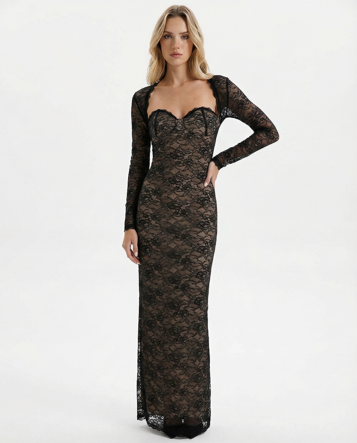 Alicia | Vestido Maxi de Encaje con Mangas Desmontables