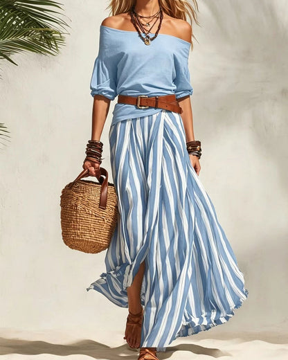 Florencia | Conjunto con top de hombros descubiertos y falda maxi a rayas
