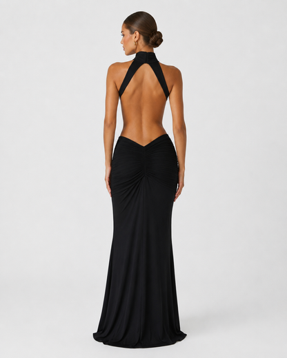 Vega | Vestido Largo Cuello Alto con Espalda Abierta