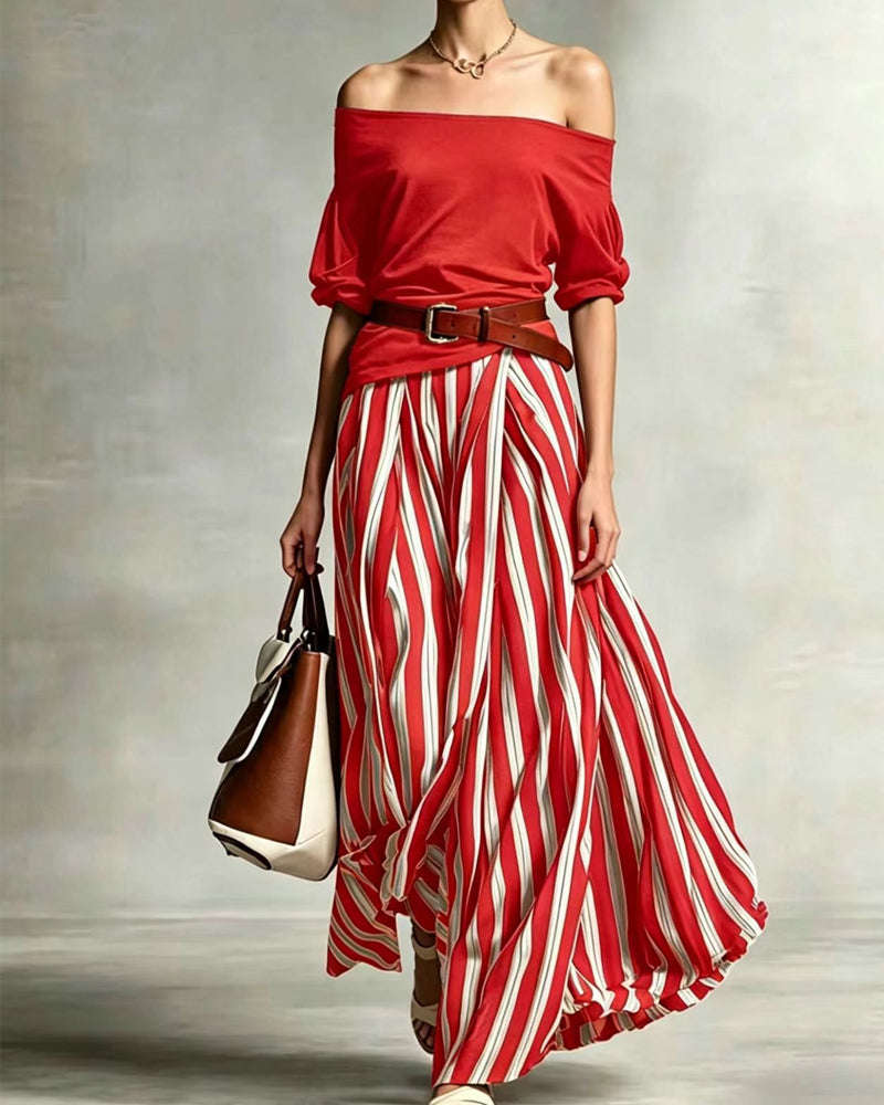 Florencia | Conjunto con top de hombros descubiertos y falda maxi a rayas