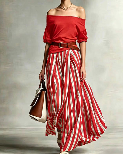 Florencia | Conjunto con top de hombros descubiertos y falda maxi a rayas