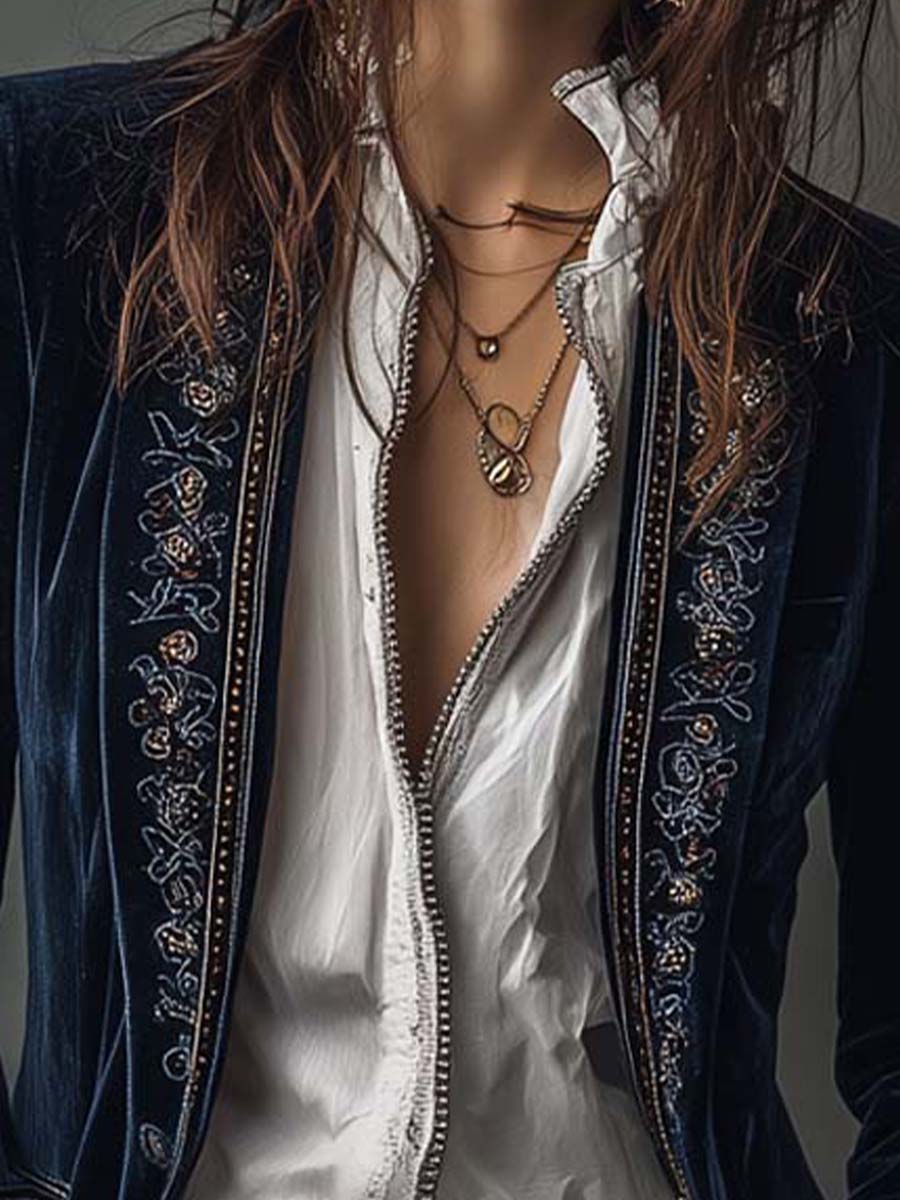 Olivia | Chaqueta larga vintage azul marino bordada
