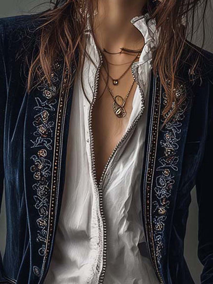 Olivia | Chaqueta larga vintage azul marino bordada