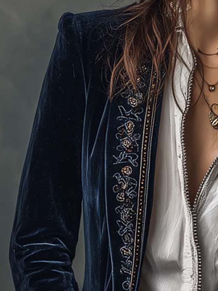 Olivia | Chaqueta larga vintage azul marino bordada