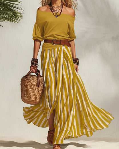 Florencia | Conjunto con top de hombros descubiertos y falda maxi a rayas