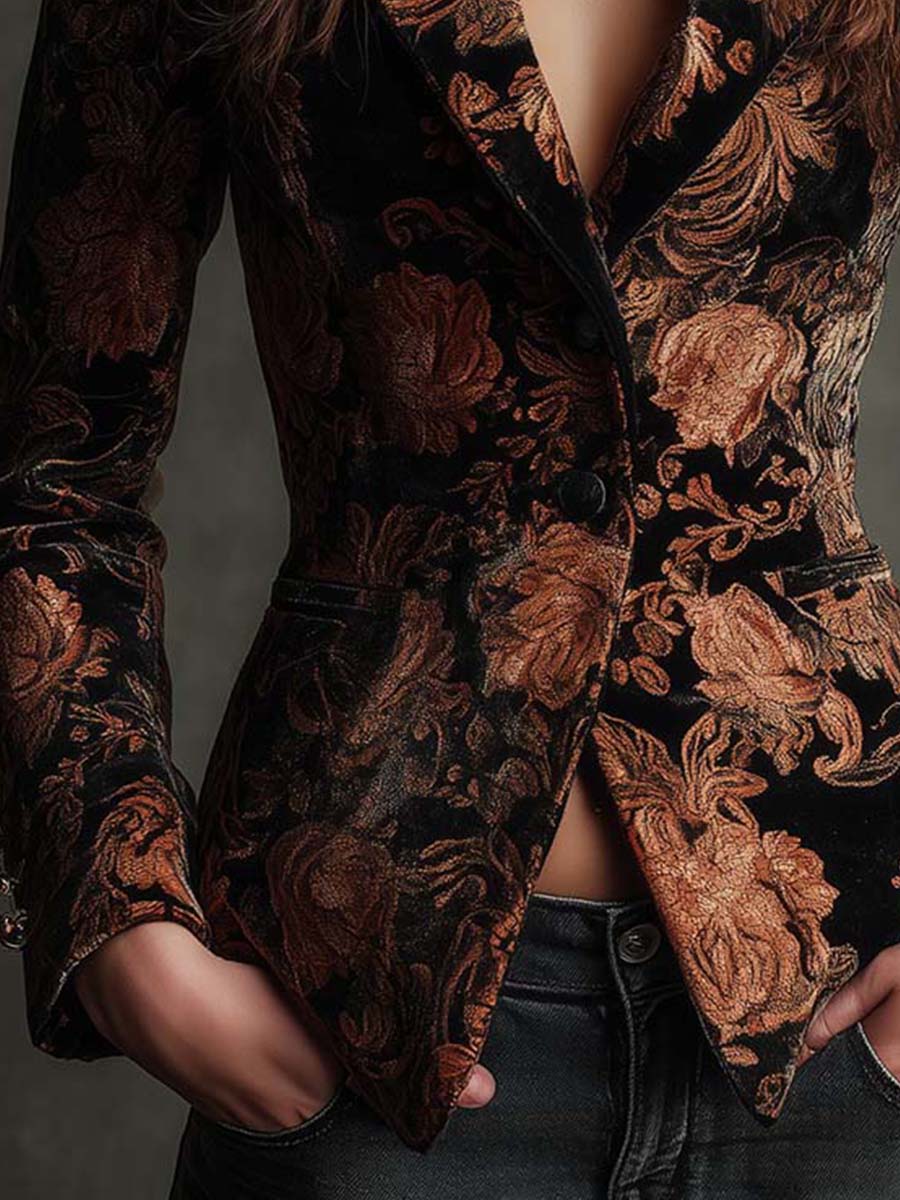 Miriam | Blazer sastre negro con estampado floral en bronce