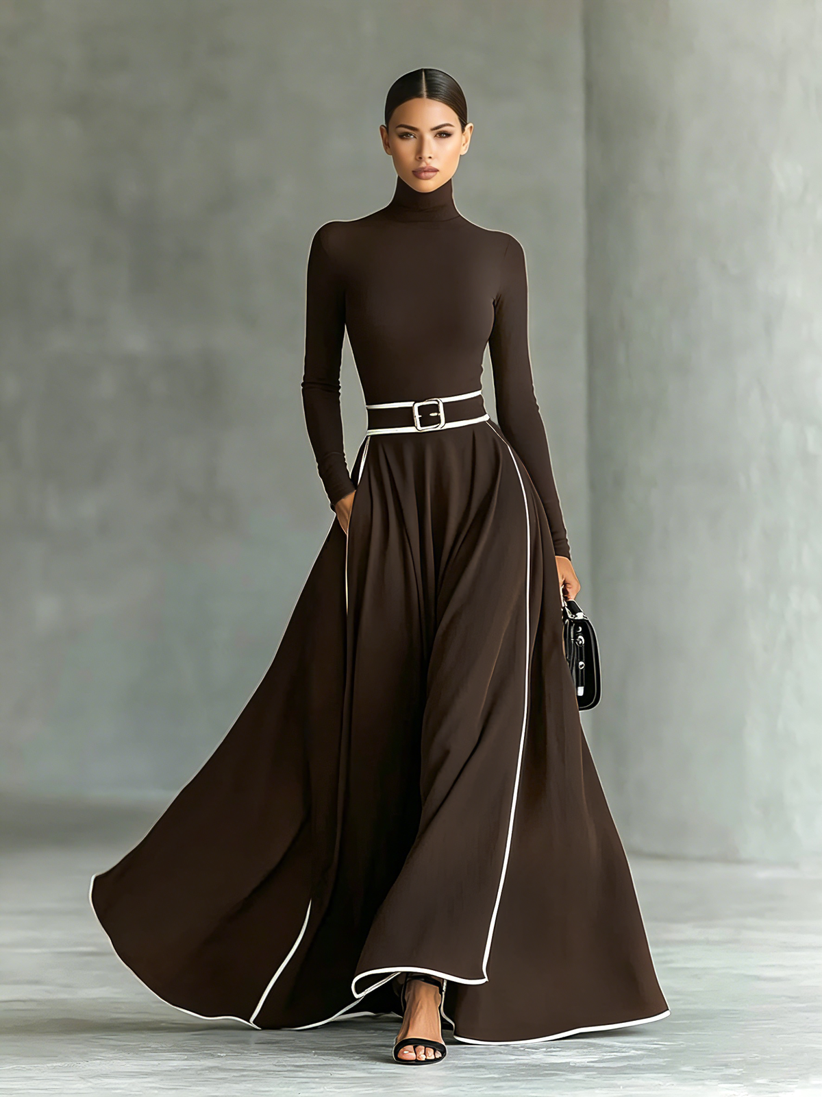 Elisa | Vestido maxi negro con costuras blancas y cuello alto