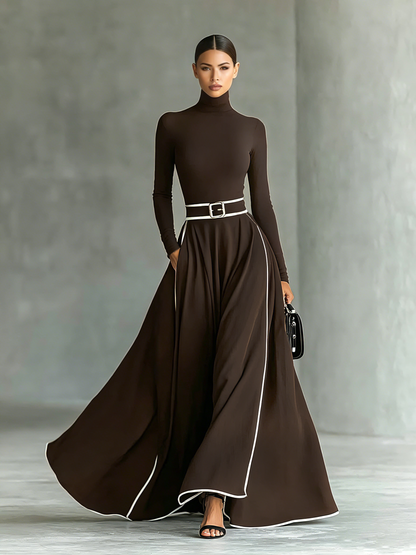 Elisa | Vestido maxi negro con costuras blancas y cuello alto