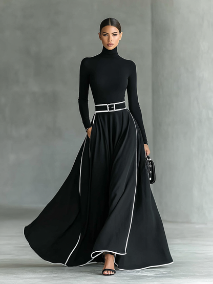 Elisa | Vestido maxi negro con costuras blancas y cuello alto