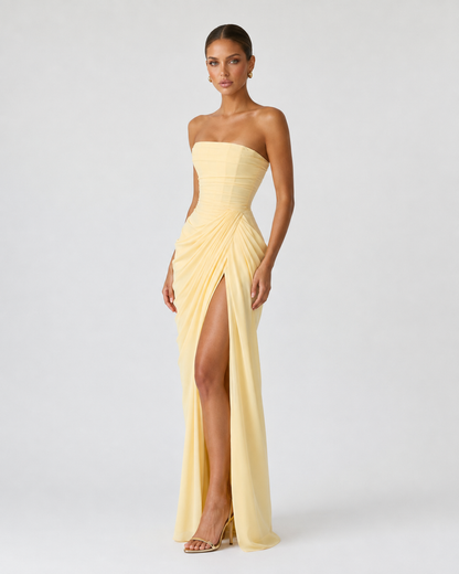Elena | Vestido Maxi Drapeado con Corsé