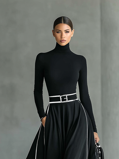 Elisa | Vestido maxi negro con costuras blancas y cuello alto