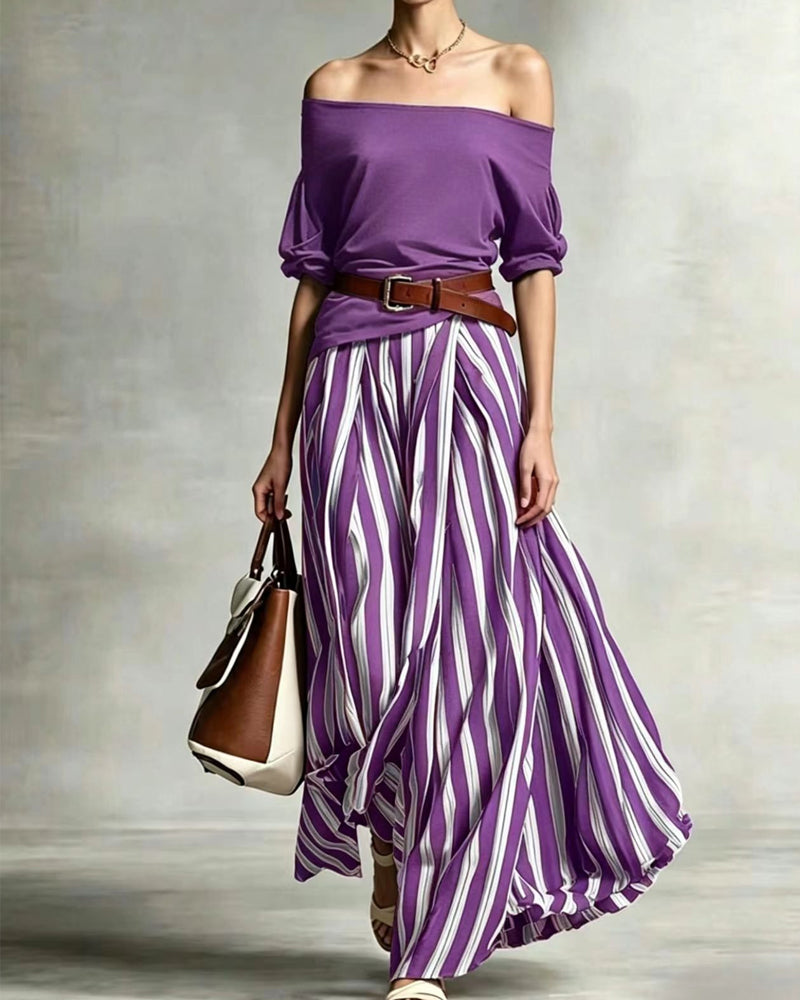 Florencia | Conjunto con top de hombros descubiertos y falda maxi a rayas