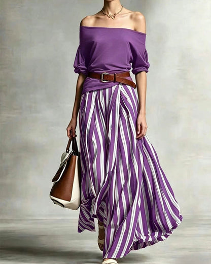 Florencia | Conjunto con top de hombros descubiertos y falda maxi a rayas