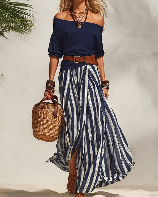 Florencia | Conjunto con top de hombros descubiertos y falda maxi a rayas