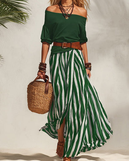 Florencia | Conjunto con top de hombros descubiertos y falda maxi a rayas
