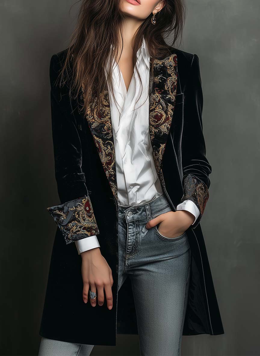 Susana | Blazer negro entallado con solapas y estampado barroco
