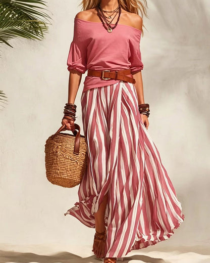 Florencia | Conjunto con top de hombros descubiertos y falda maxi a rayas
