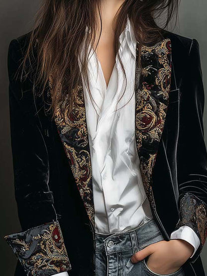 Susana | Blazer negro entallado con solapas y estampado barroco