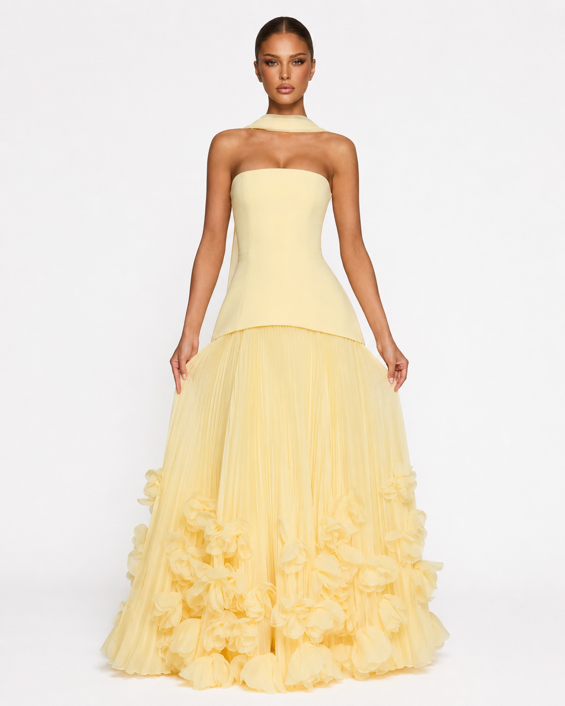 Celia | Vestido Maxi Plisado con Flores 3D