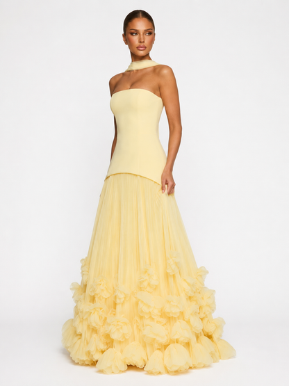 Celia | Vestido Maxi Plisado con Flores 3D