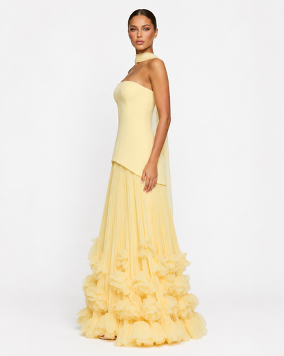 Celia | Vestido Maxi Plisado con Flores 3D