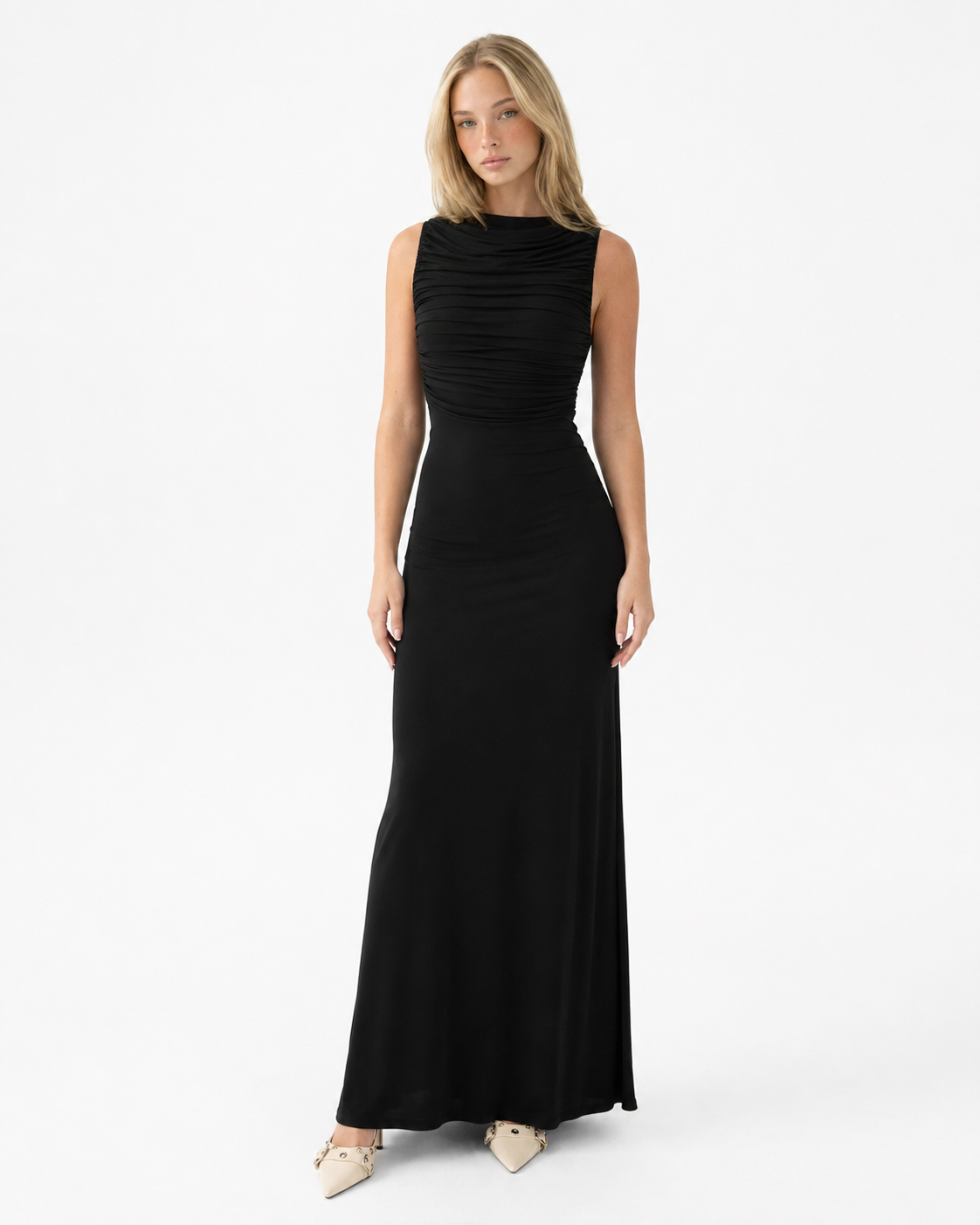 Aitana | Vestido Maxi Fruncido con Espalda Abierta