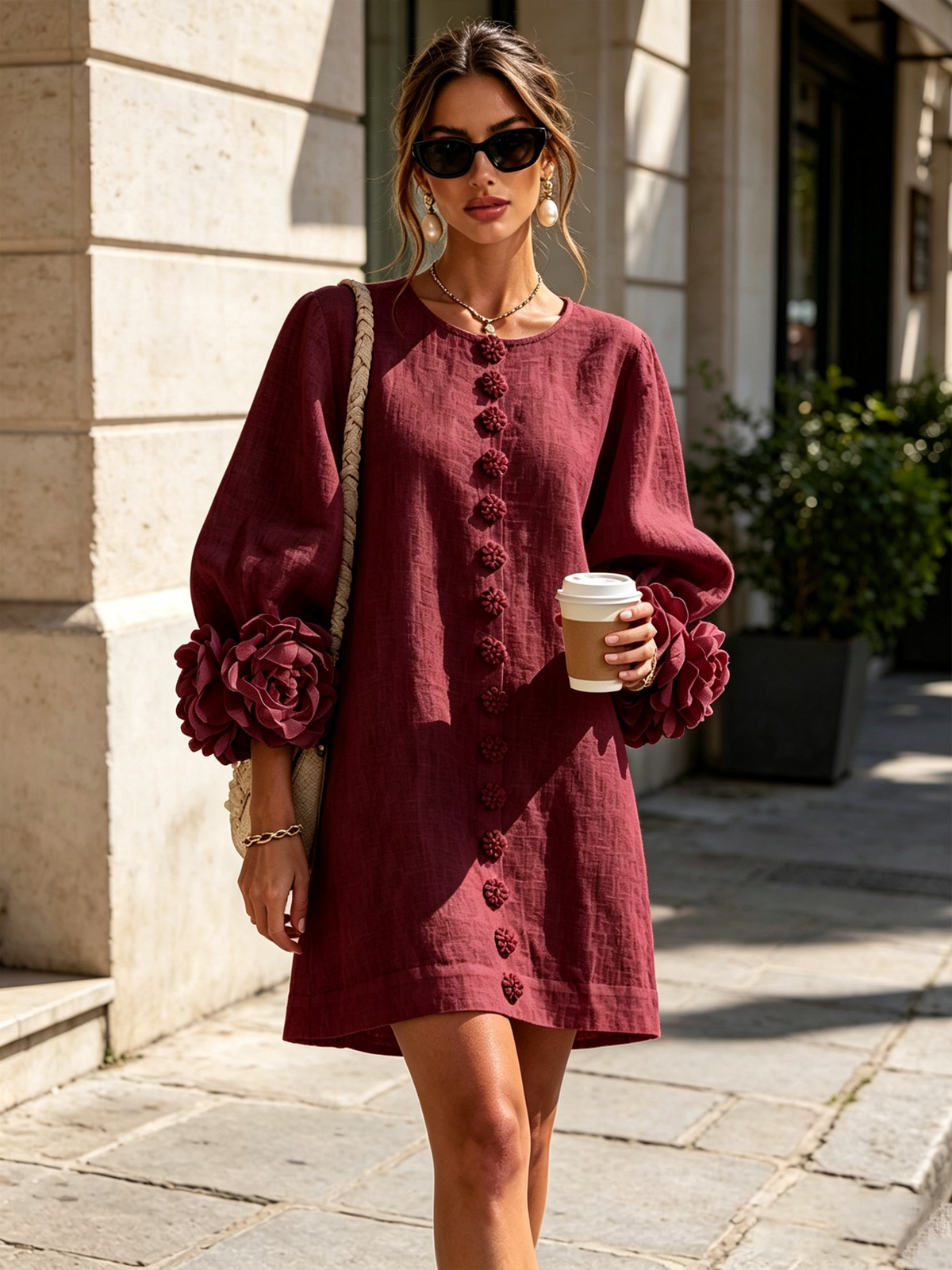 Adriana | Vestido mini de lino con puños de rosa – Vino