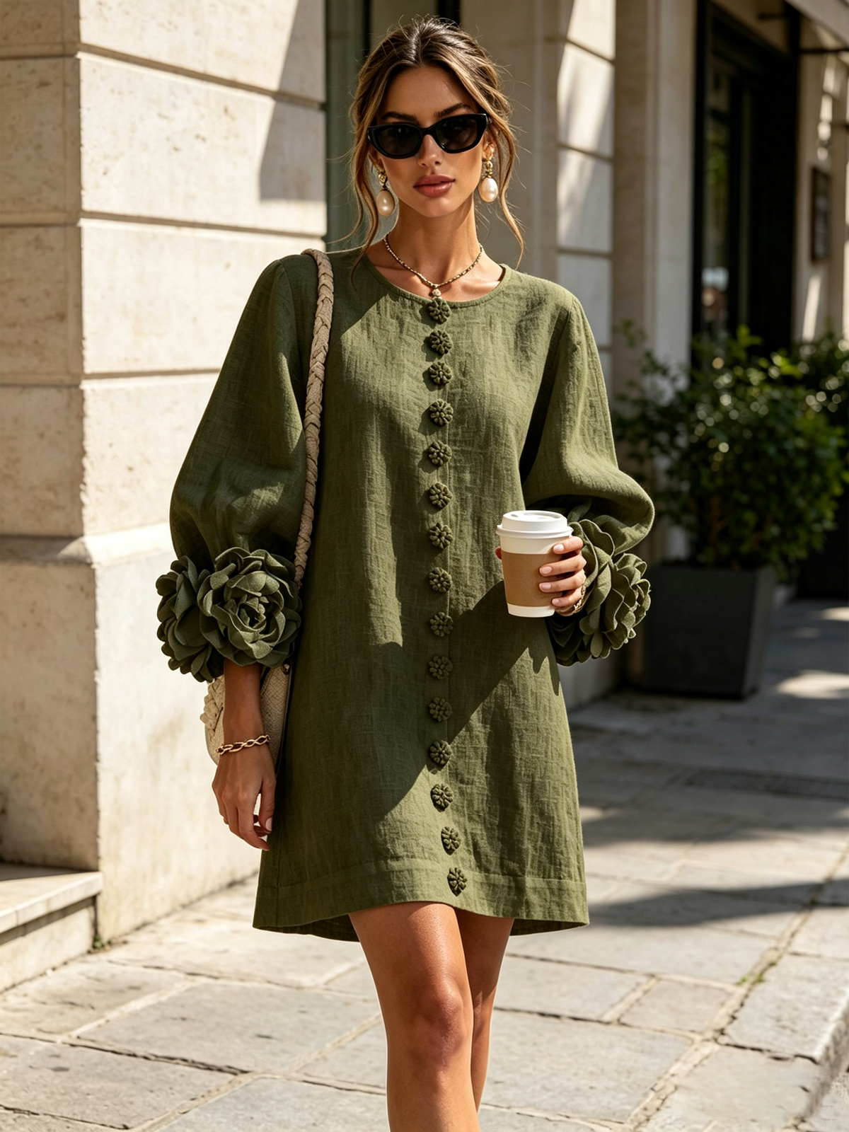 Lucía | Vestido mini de lino con puños de rosa – Verde oliva