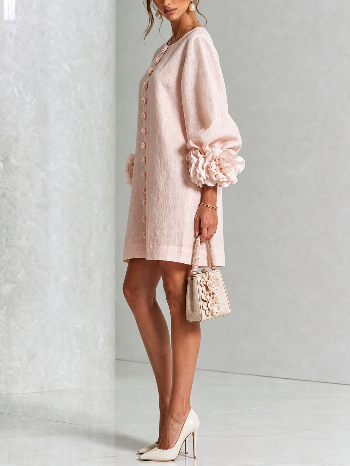 Cecilia | Vestido mini de lino con puños de rosa – Rosa