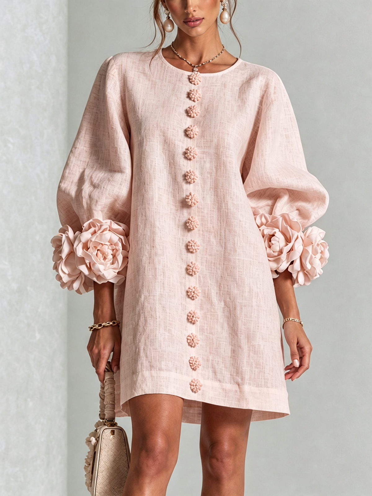 Cecilia | Vestido mini de lino con puños de rosa – Rosa