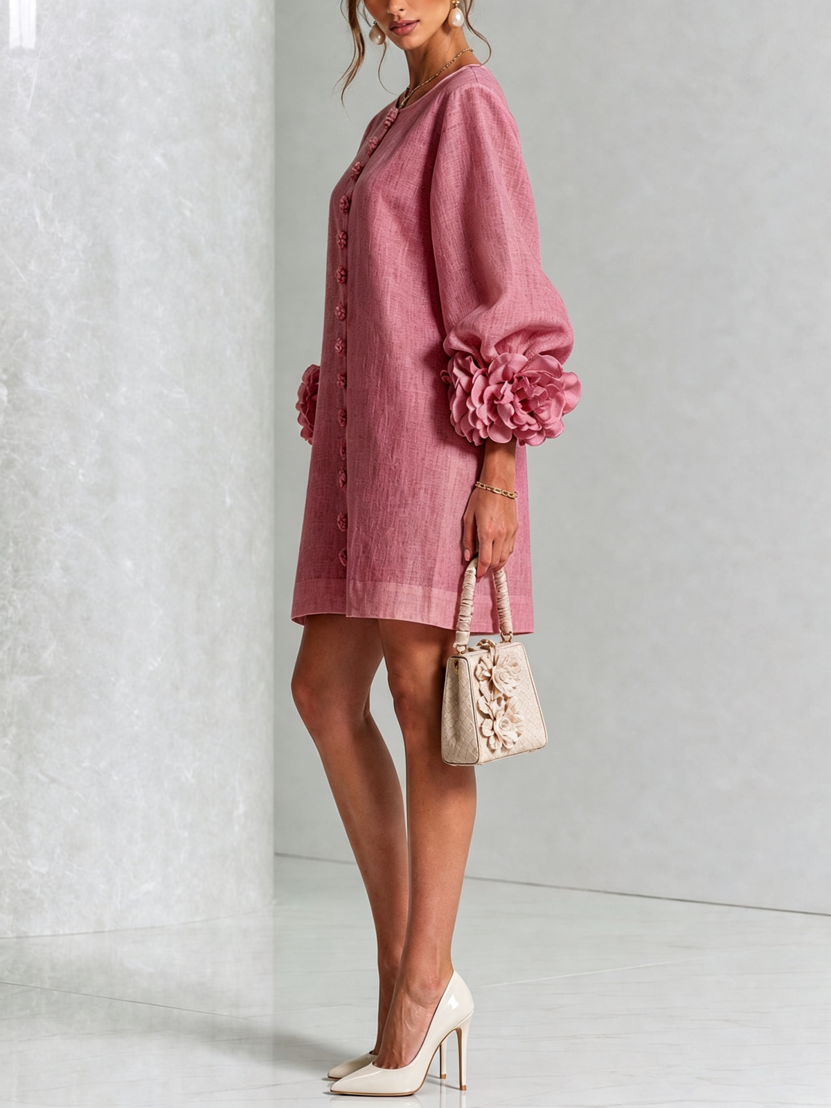 Andrea | Vestido mini de lino con puños de rosa – Rosa viejo
