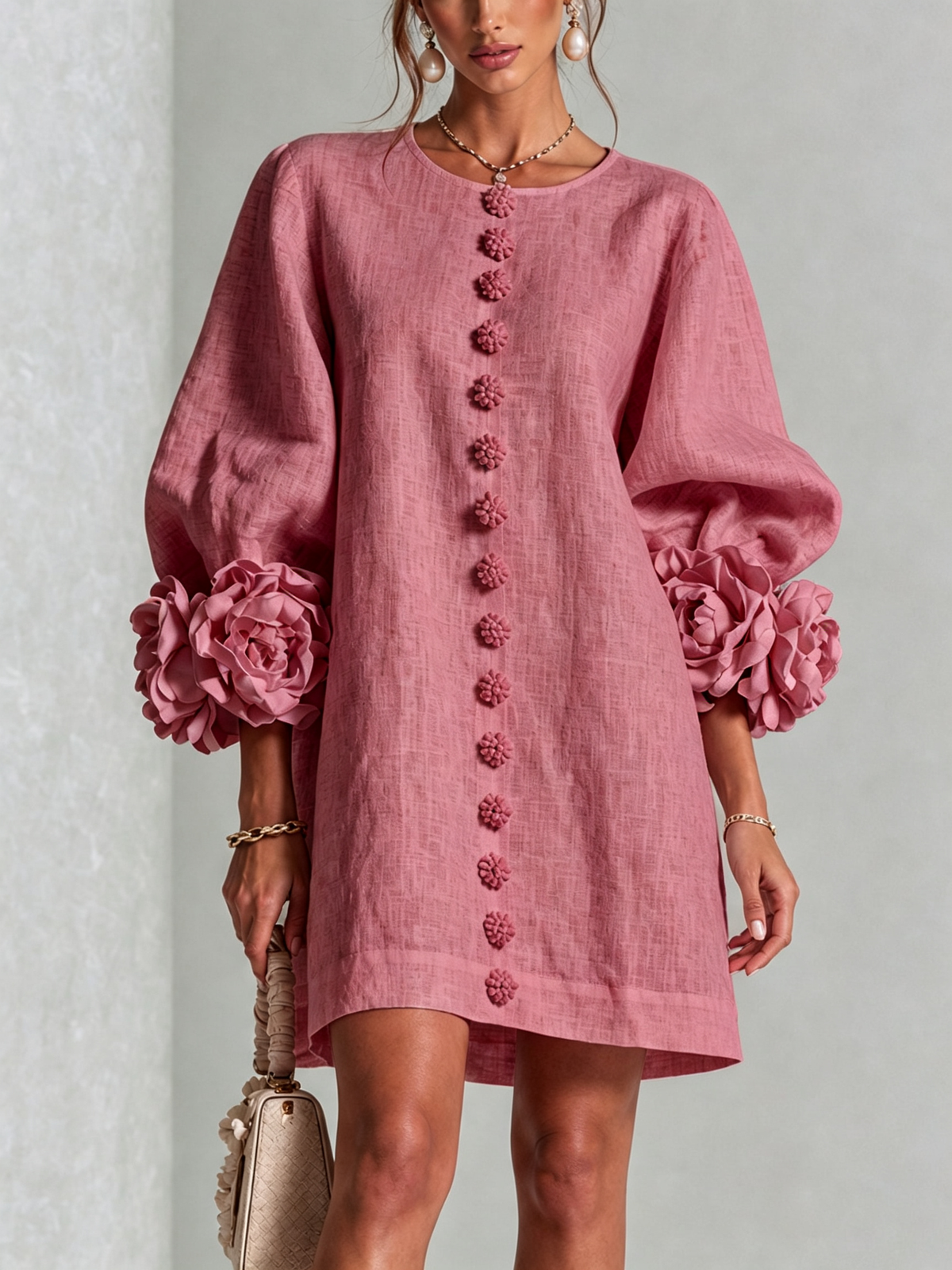 Andrea | Vestido mini de lino con puños de rosa – Rosa viejo