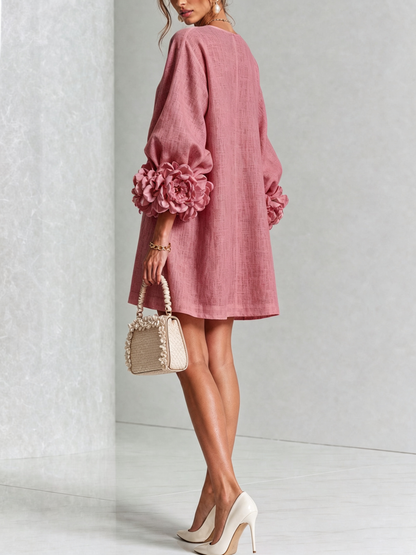 Andrea | Vestido mini de lino con puños de rosa – Rosa viejo
