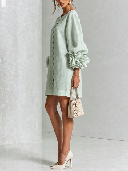 Fátima | Vestido mini de lino con puños de rosa – Verde salvia