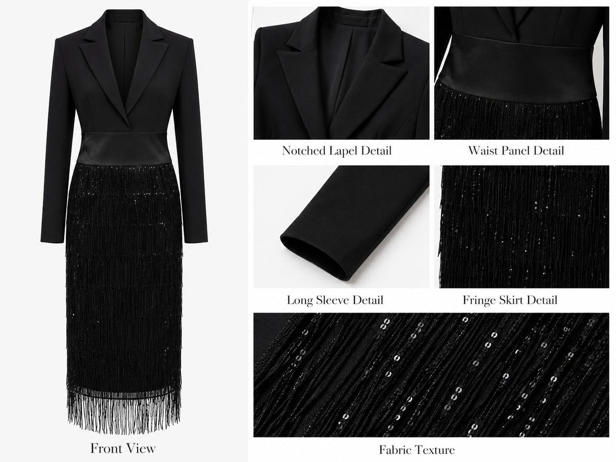 Cayetana | Vestido midi tipo blazer con lentejuelas y flecos en negro