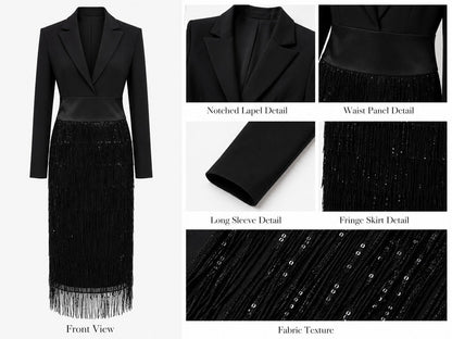 Cayetana | Vestido midi tipo blazer con lentejuelas y flecos en negro