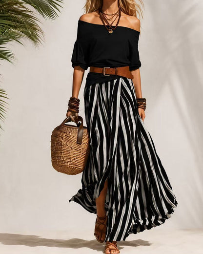 Florencia | Conjunto con top de hombros descubiertos y falda maxi a rayas