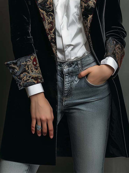 Susana | Blazer negro entallado con solapas y estampado barroco