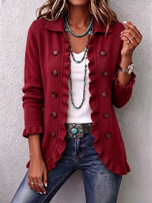 Claudia | Chaqueta acanalada rojo rubí con vuelos