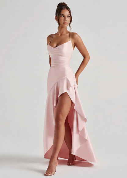 Laura | Vestido Largo Satinado con Escote Cascada