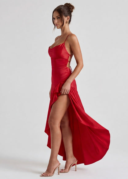 Laura | Vestido Largo Satinado con Escote Cascada
