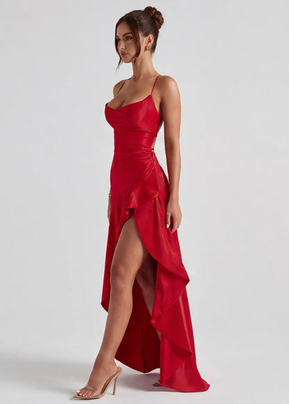 Laura | Vestido Largo Satinado con Escote Cascada