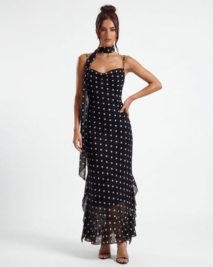 Sofía | Vestido Maxi de Lunares con Pañuelo