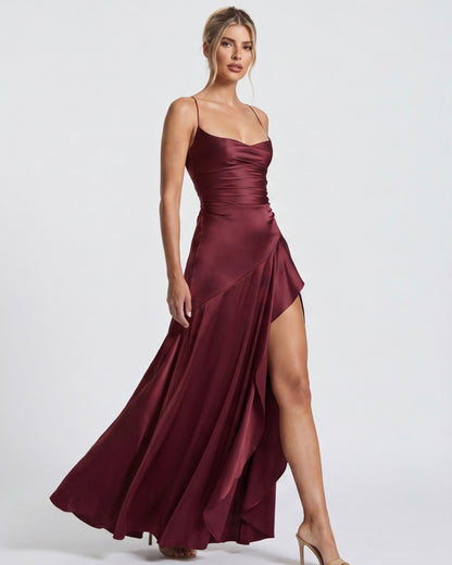 Laura | Vestido Largo Satinado con Escote Cascada
