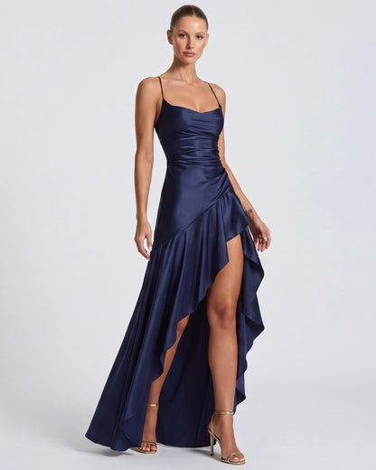 Laura | Vestido Largo Satinado con Escote Cascada