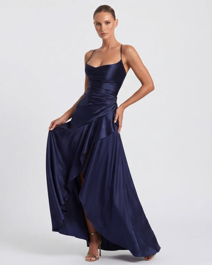 Laura | Vestido Largo Satinado con Escote Cascada