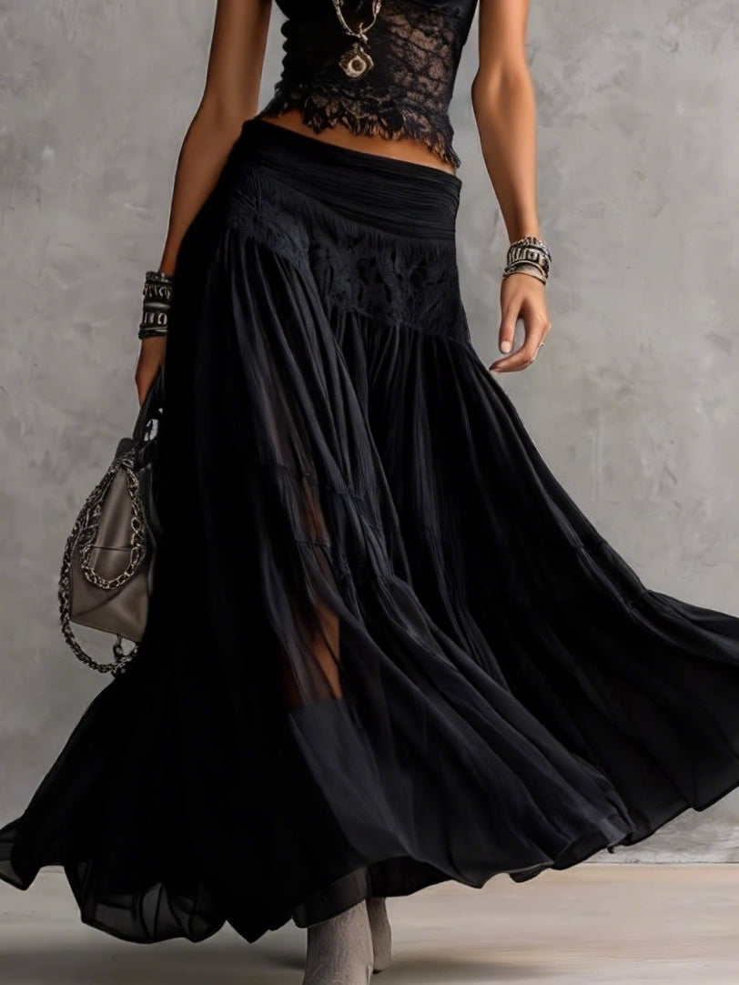 Agustina | Conjunto con top de encaje y falda maxi plisada negra