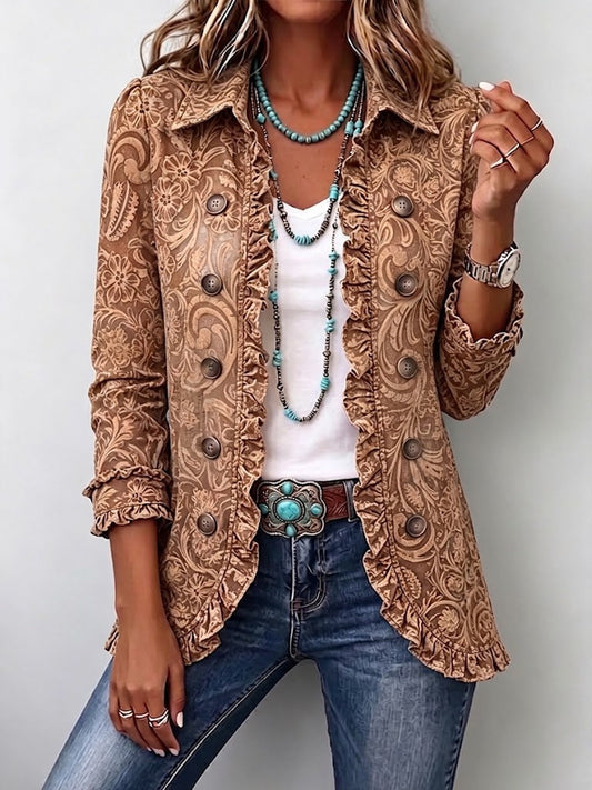 Loreto | Chaqueta bohemia floral café vintage con vuelos