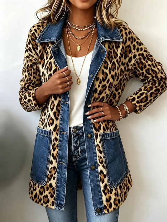 Pamela | Chaqueta larga con estampado animal y mezclilla