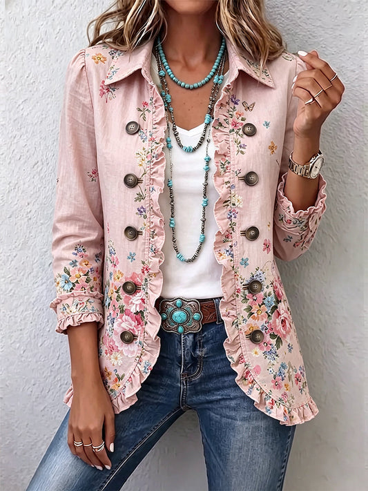 Bernardita | Chaqueta floral rosada con vuelos y botones